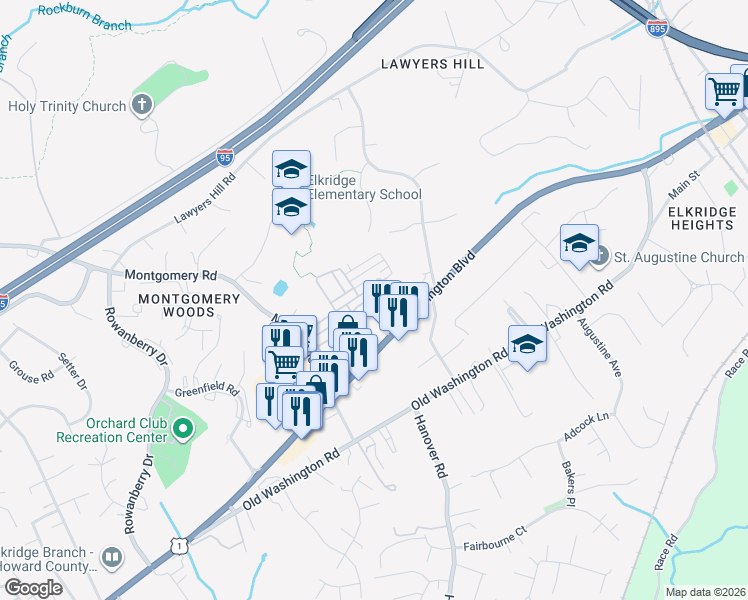 map of restaurants, bars, coffee shops, grocery stores, and more near 7205 Barry Lane in Elkridge