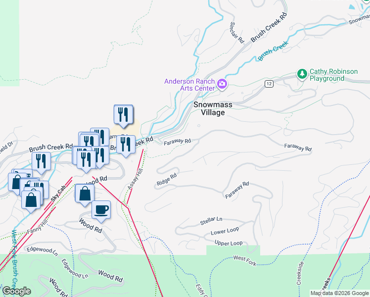 map of restaurants, bars, coffee shops, grocery stores, and more near 439 Maple Ridge Lane in Snowmass Village