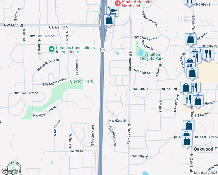 map of restaurants, bars, coffee shops, grocery stores, and more near 512 Northwest 63rd Street in Kansas City