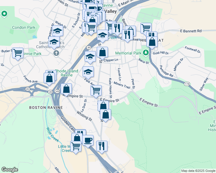 map of restaurants, bars, coffee shops, grocery stores, and more near 136 Mainhart Drive in Grass Valley