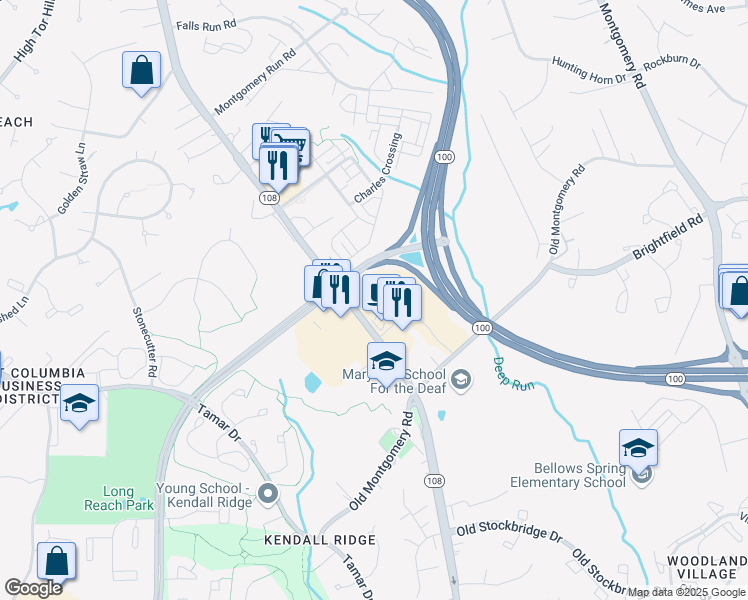 map of restaurants, bars, coffee shops, grocery stores, and more near 6011 University Boulevard in Ellicott City