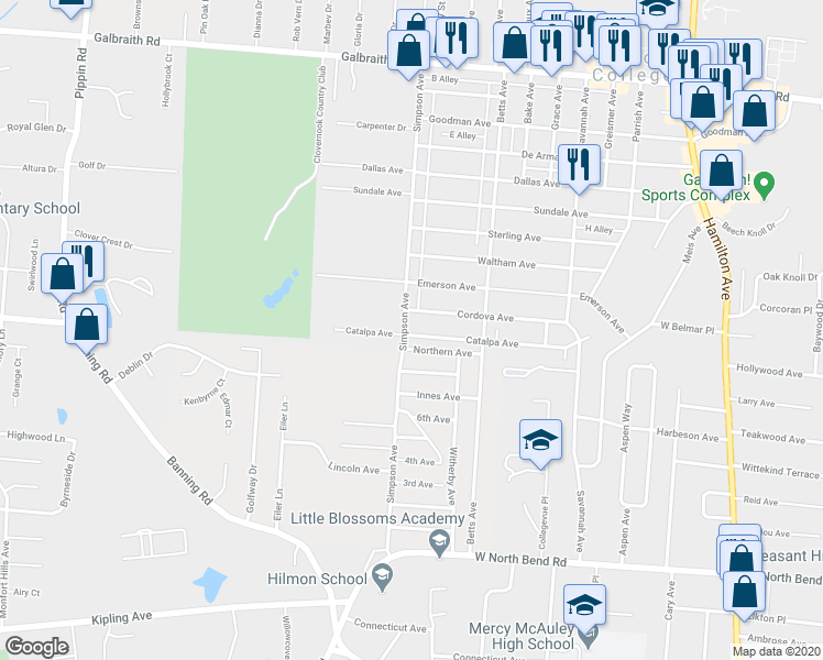 map of restaurants, bars, coffee shops, grocery stores, and more near 6470 Simpson Avenue in Cincinnati