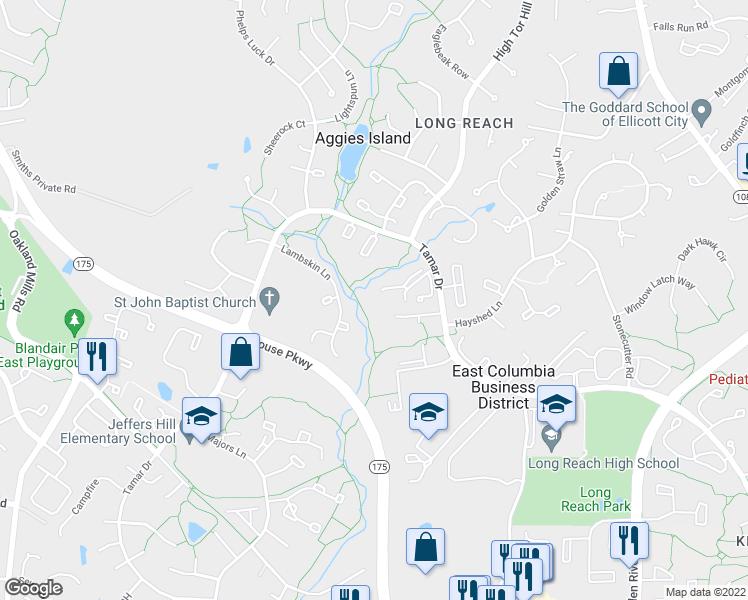 map of restaurants, bars, coffee shops, grocery stores, and more near 9090 Lambskin Lane in Columbia