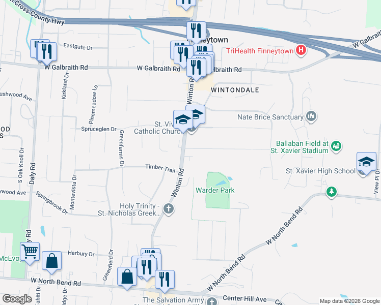 map of restaurants, bars, coffee shops, grocery stores, and more near 7440 Winton Road in Cincinnati
