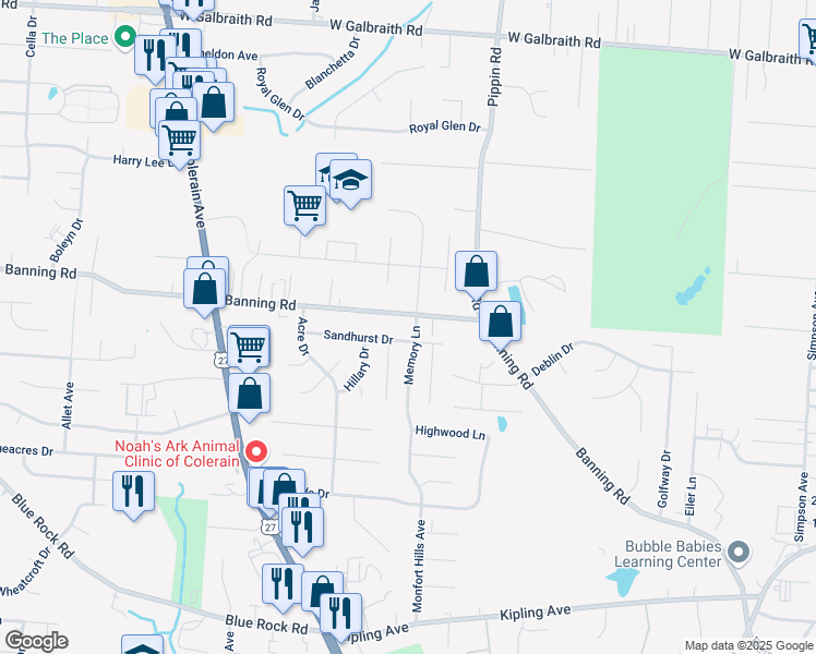 map of restaurants, bars, coffee shops, grocery stores, and more near 2610 Sandhurst Drive in Cincinnati