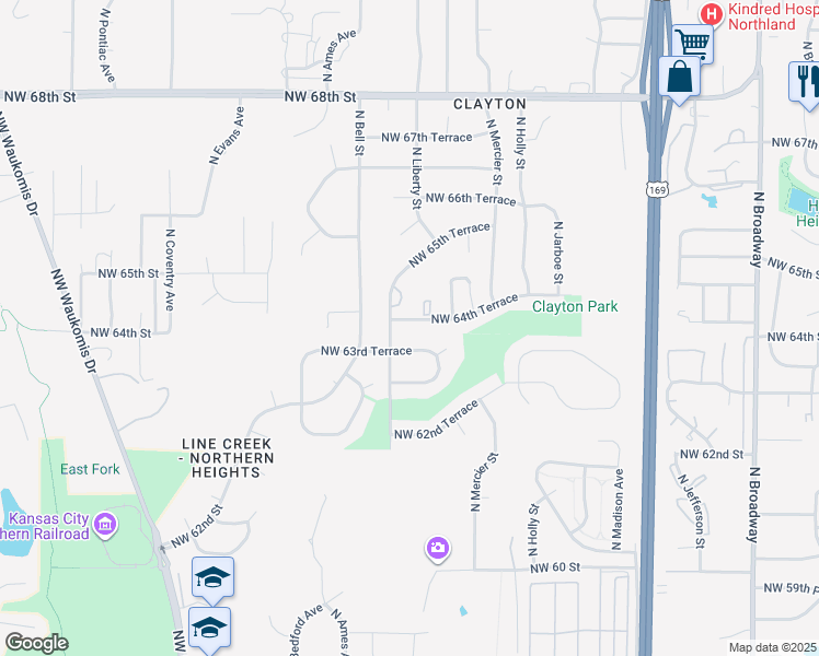 map of restaurants, bars, coffee shops, grocery stores, and more near 1500 Northwest 63rd Terrace in Kansas City