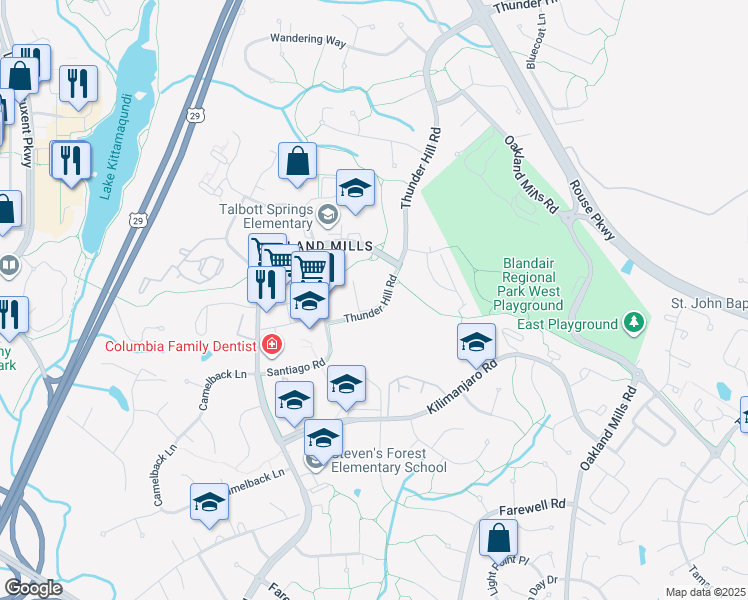 map of restaurants, bars, coffee shops, grocery stores, and more near 5858 Thunder Hill Road in Columbia