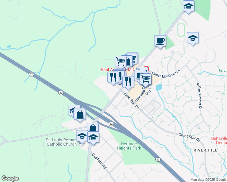 map of restaurants, bars, coffee shops, grocery stores, and more near 12268 Clarksville Pike in Columbia