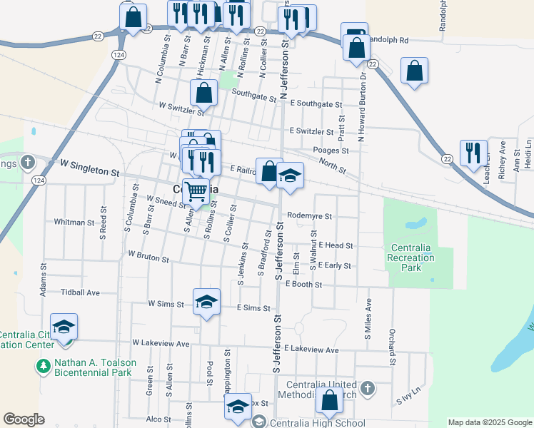 map of restaurants, bars, coffee shops, grocery stores, and more near 319 East Sneed Street in Centralia