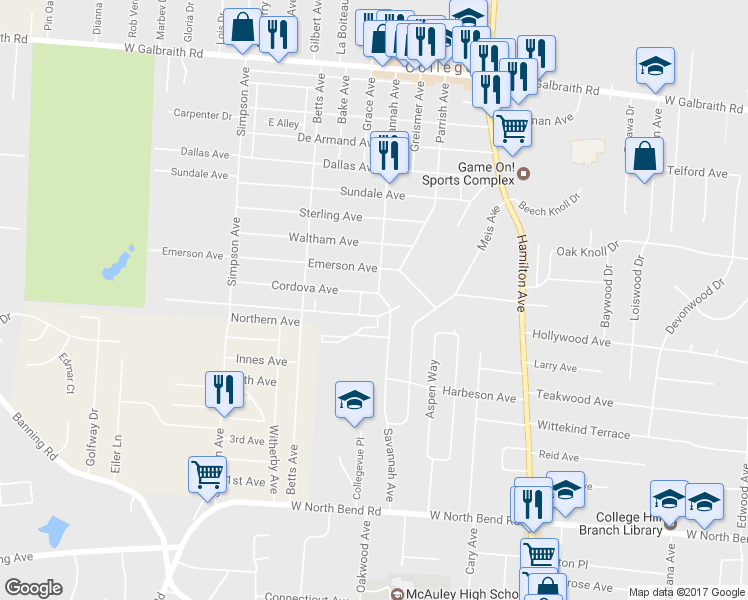 map of restaurants, bars, coffee shops, grocery stores, and more near 1801 Cordova Avenue in Cincinnati