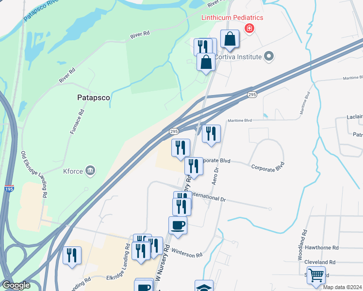 map of restaurants, bars, coffee shops, grocery stores, and more near 1504 West Nursery Road in Linthicum Heights