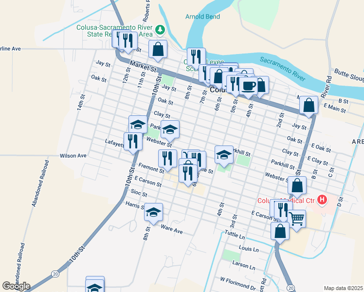 map of restaurants, bars, coffee shops, grocery stores, and more near 724 Webster Street in Colusa