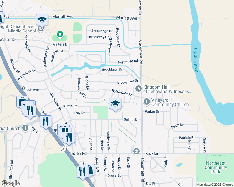 map of restaurants, bars, coffee shops, grocery stores, and more near 2408 Galloway Drive in Manhattan