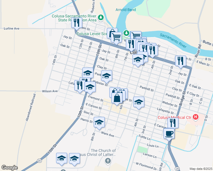 map of restaurants, bars, coffee shops, grocery stores, and more near 813 Webster Street in Colusa
