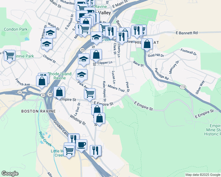 map of restaurants, bars, coffee shops, grocery stores, and more near 334 Empire Court in Grass Valley