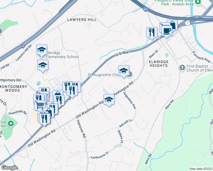map of restaurants, bars, coffee shops, grocery stores, and more near 6050 Old Washington Road in Elkridge