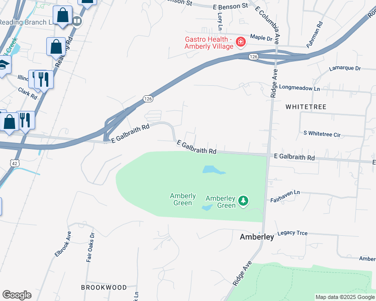 map of restaurants, bars, coffee shops, grocery stores, and more near 2465 East Galbraith Road in Cincinnati