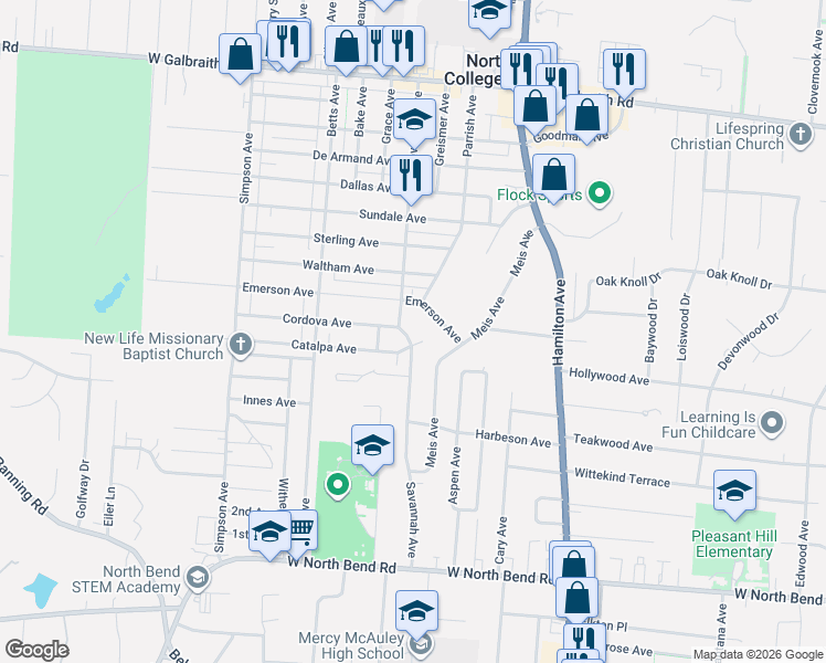 map of restaurants, bars, coffee shops, grocery stores, and more near 6412 Catalpa Avenue in Cincinnati