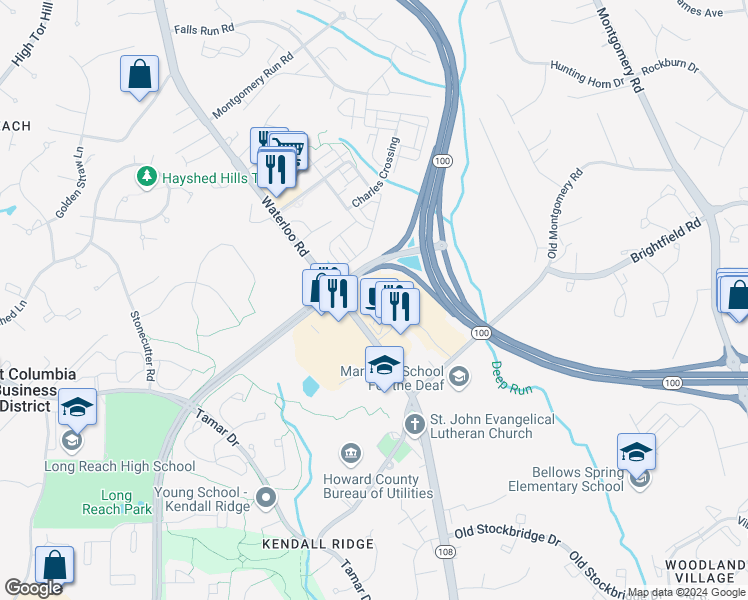 map of restaurants, bars, coffee shops, grocery stores, and more near 6011 University Boulevard in Ellicott City