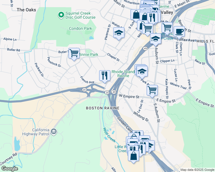 map of restaurants, bars, coffee shops, grocery stores, and more near State Highway 20 in Grass Valley