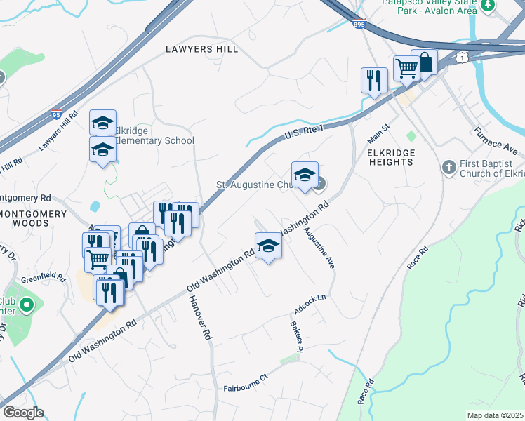 map of restaurants, bars, coffee shops, grocery stores, and more near 6050 Old Washington Road in Elkridge