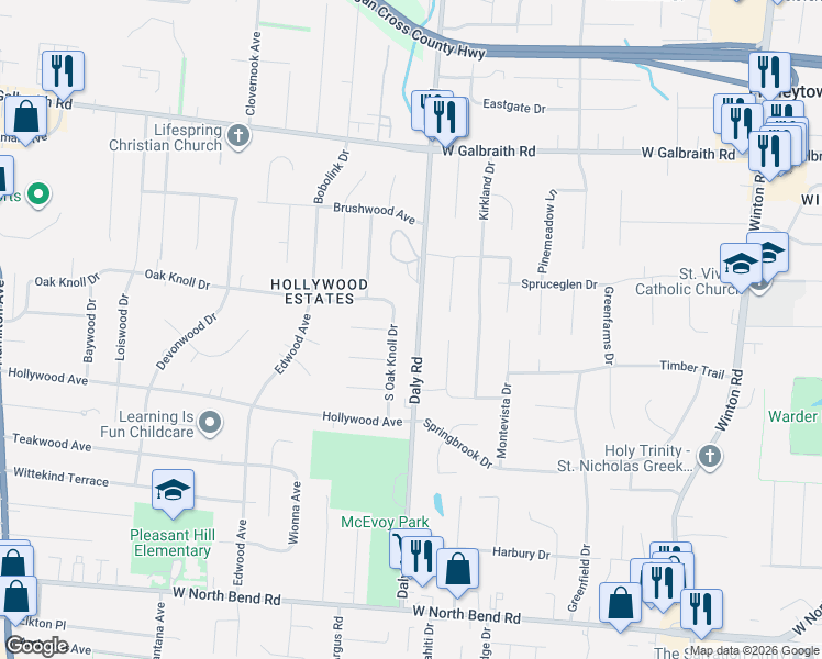 map of restaurants, bars, coffee shops, grocery stores, and more near 6580 South Oak Knoll Drive in Cincinnati