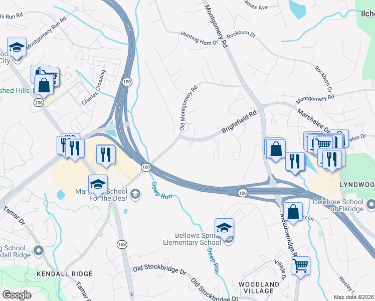 map of restaurants, bars, coffee shops, grocery stores, and more near 8118 Brightridge Court in Ellicott City