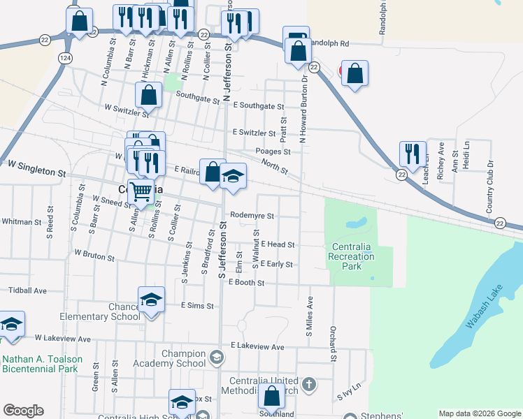 map of restaurants, bars, coffee shops, grocery stores, and more near 704 Rodemyre Street in Centralia
