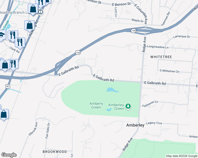 map of restaurants, bars, coffee shops, grocery stores, and more near 2465 East Galbraith Road in Cincinnati