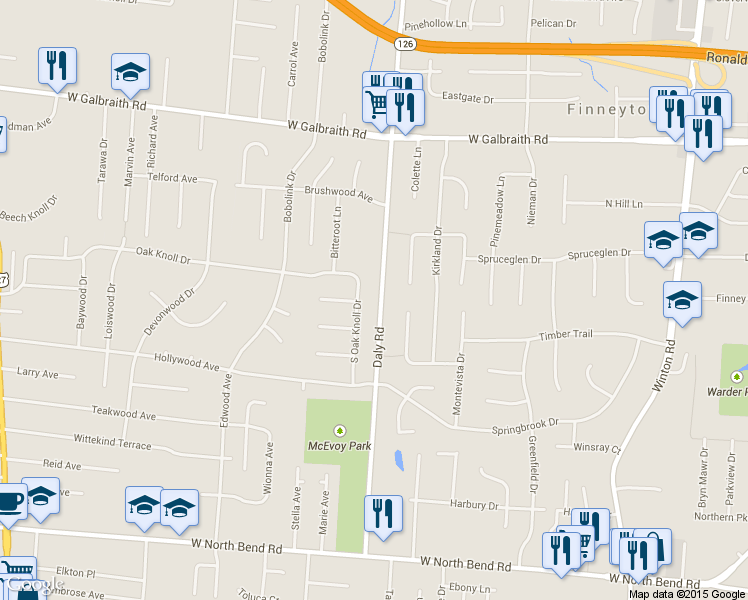map of restaurants, bars, coffee shops, grocery stores, and more near 6580 South Oak Knoll Drive in Cincinnati