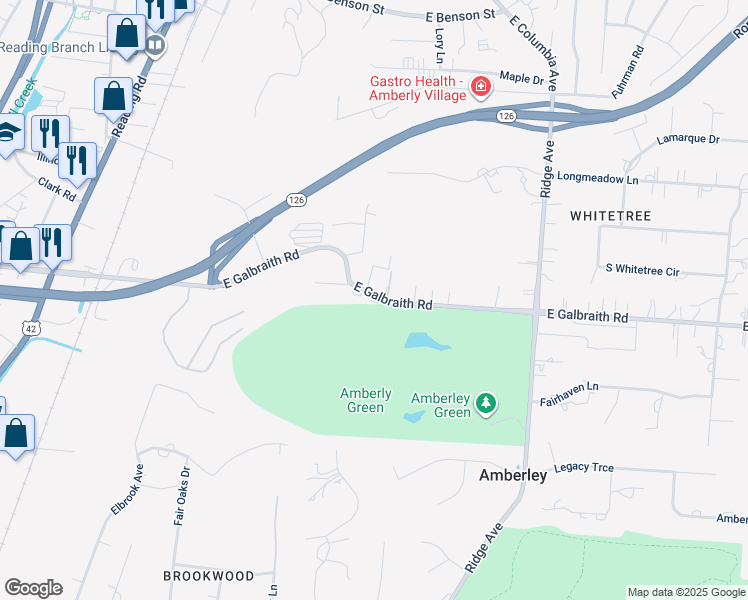 map of restaurants, bars, coffee shops, grocery stores, and more near 2465 East Galbraith Road in Cincinnati
