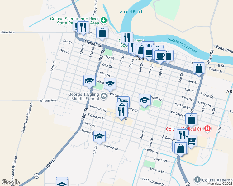 map of restaurants, bars, coffee shops, grocery stores, and more near 724 Webster Street in Colusa