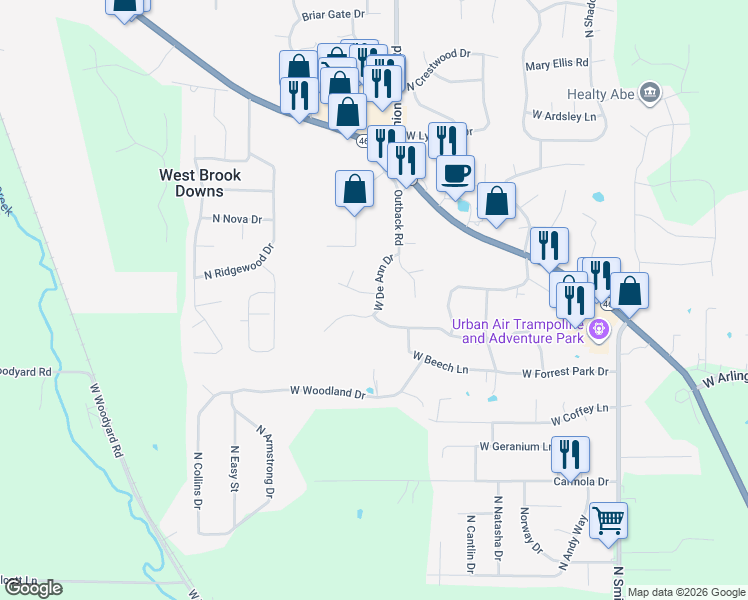 map of restaurants, bars, coffee shops, grocery stores, and more near 4501 West Michael Lane in Bloomington