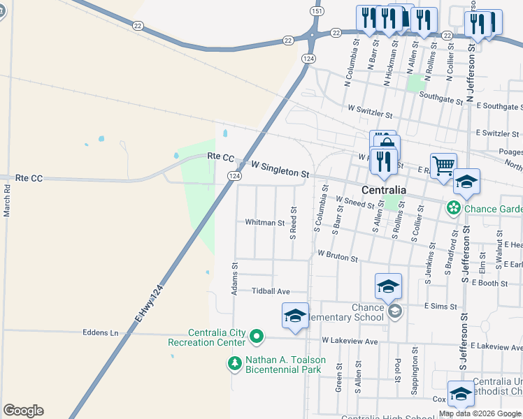 map of restaurants, bars, coffee shops, grocery stores, and more near Whitman Street in Centralia
