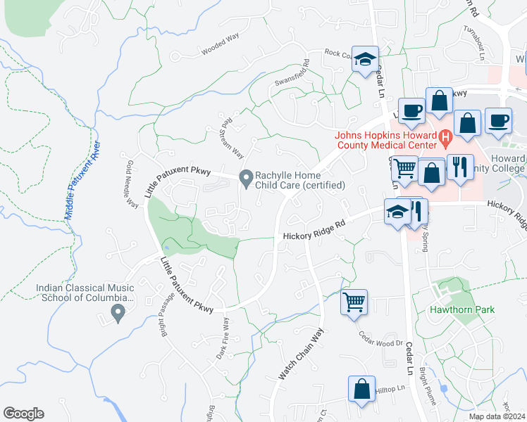 map of restaurants, bars, coffee shops, grocery stores, and more near 12225 Sleepy Horse Lane in Columbia