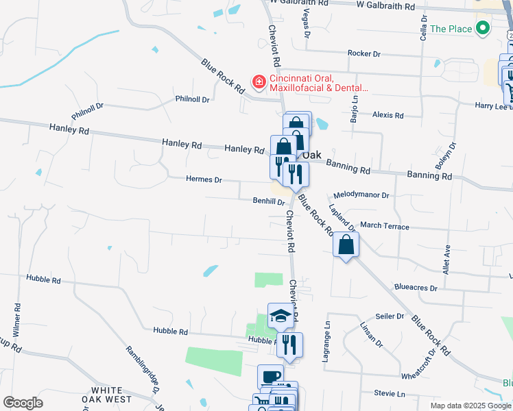 map of restaurants, bars, coffee shops, grocery stores, and more near 6801 Cheviot Road in Cincinnati