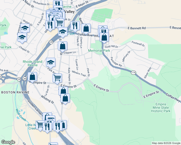 map of restaurants, bars, coffee shops, grocery stores, and more near 449 Pine Street in Grass Valley