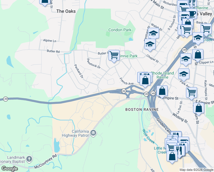 map of restaurants, bars, coffee shops, grocery stores, and more near 414 Lamarque Court in Grass Valley