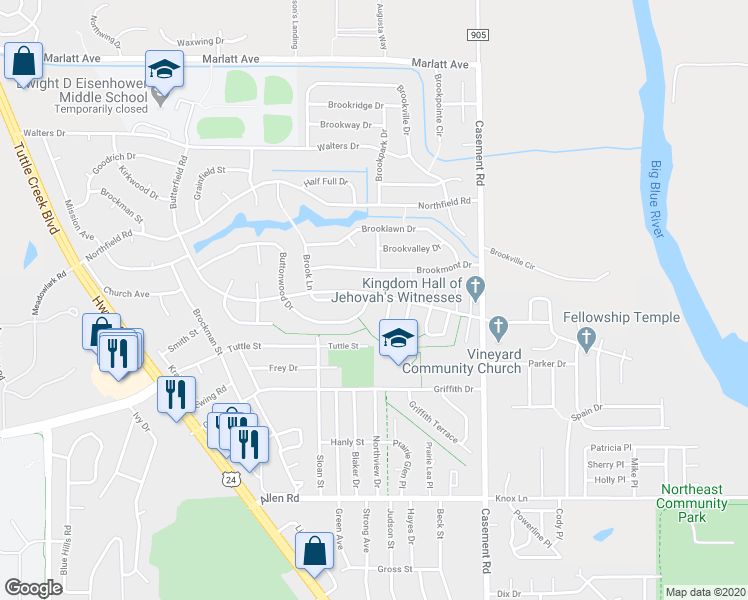 map of restaurants, bars, coffee shops, grocery stores, and more near 2401 Buttonwood Drive in Manhattan