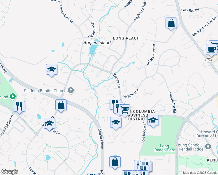 map of restaurants, bars, coffee shops, grocery stores, and more near 8878 Tamebird Court in Columbia