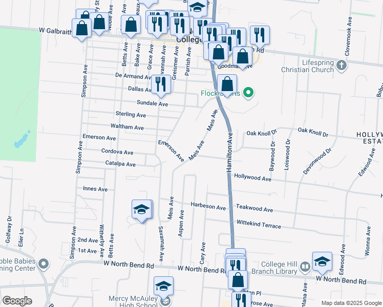 map of restaurants, bars, coffee shops, grocery stores, and more near 1627 West Belmar Place in Cincinnati