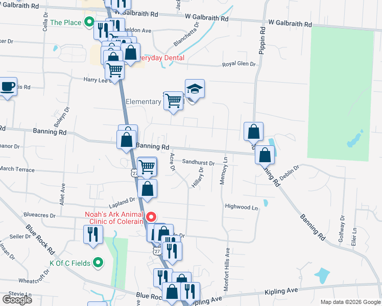 map of restaurants, bars, coffee shops, grocery stores, and more near 2725 Sandhurst Drive in Cincinnati