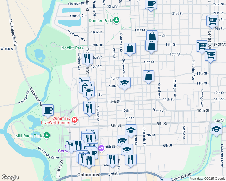 map of restaurants, bars, coffee shops, grocery stores, and more near 1117 Lafayette Avenue in Columbus