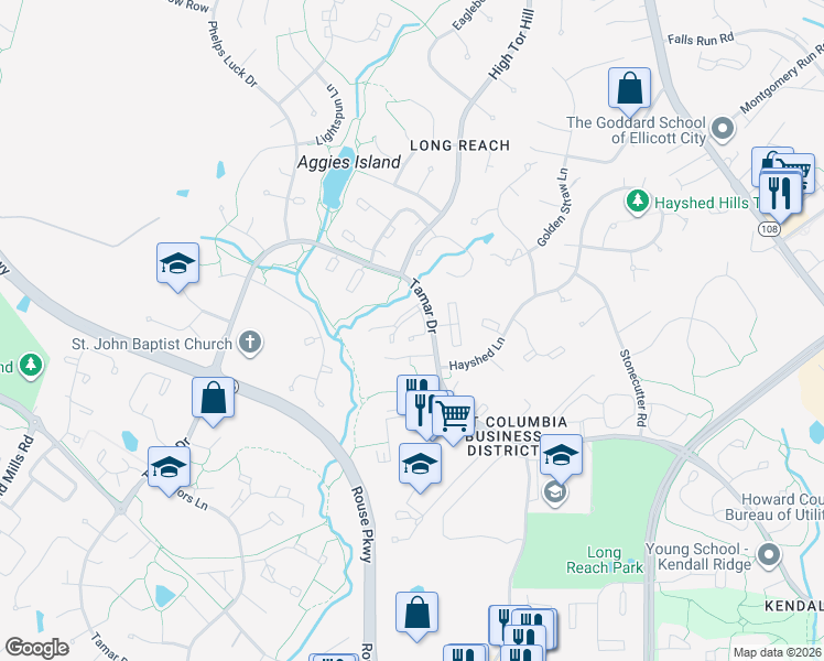 map of restaurants, bars, coffee shops, grocery stores, and more near 8878 Tamebird Court in Columbia
