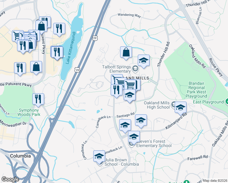 map of restaurants, bars, coffee shops, grocery stores, and more near 5890 Stevens Forest Road in Columbia