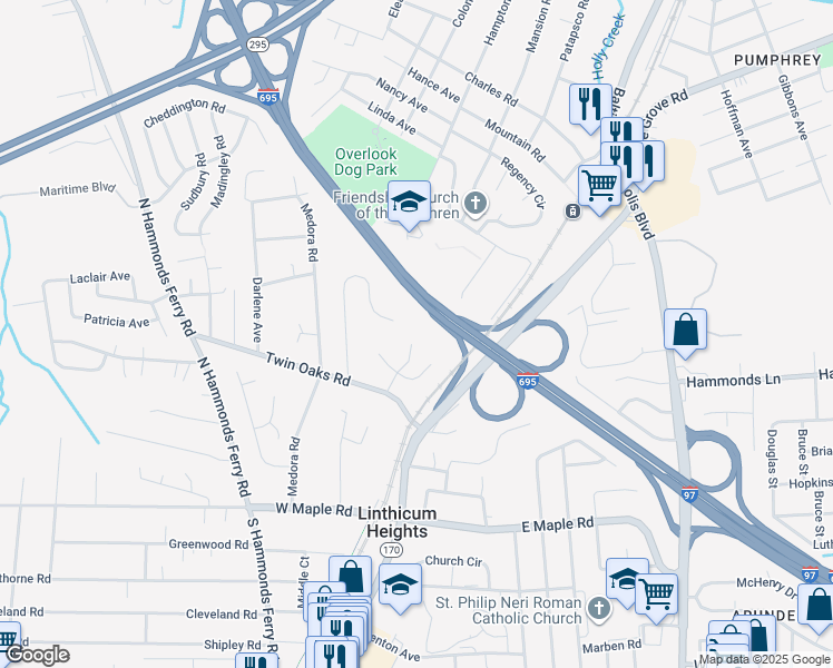 map of restaurants, bars, coffee shops, grocery stores, and more near 421 Twin Oaks Road in Linthicum Heights