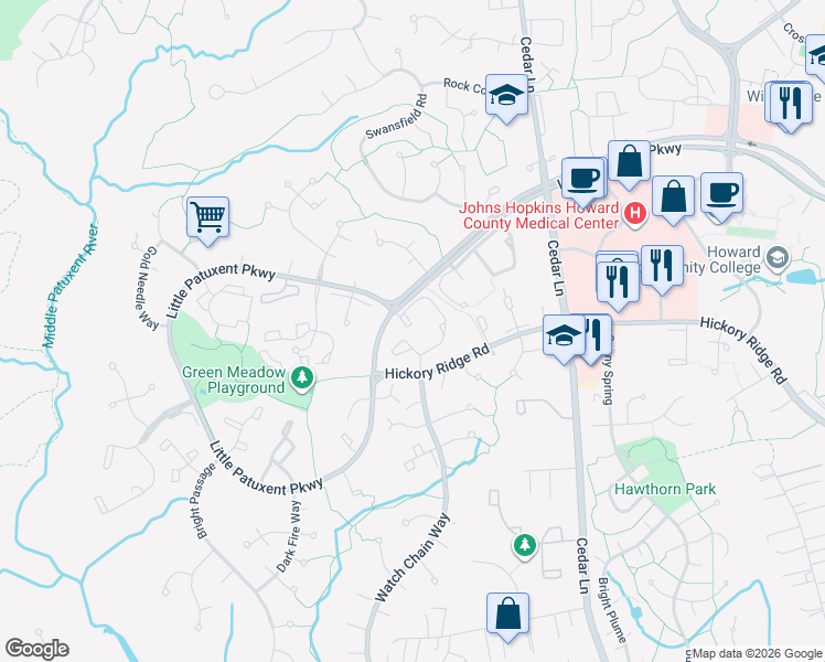 map of restaurants, bars, coffee shops, grocery stores, and more near 11311 Little Patuxent Parkway in Columbia