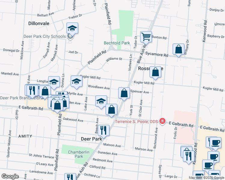map of restaurants, bars, coffee shops, grocery stores, and more near 4304 Myrtle Avenue in Cincinnati