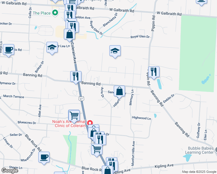 map of restaurants, bars, coffee shops, grocery stores, and more near 2836 Banning Road in Cincinnati