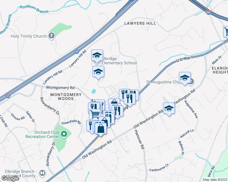map of restaurants, bars, coffee shops, grocery stores, and more near 7027 Mahant Way in Elkridge